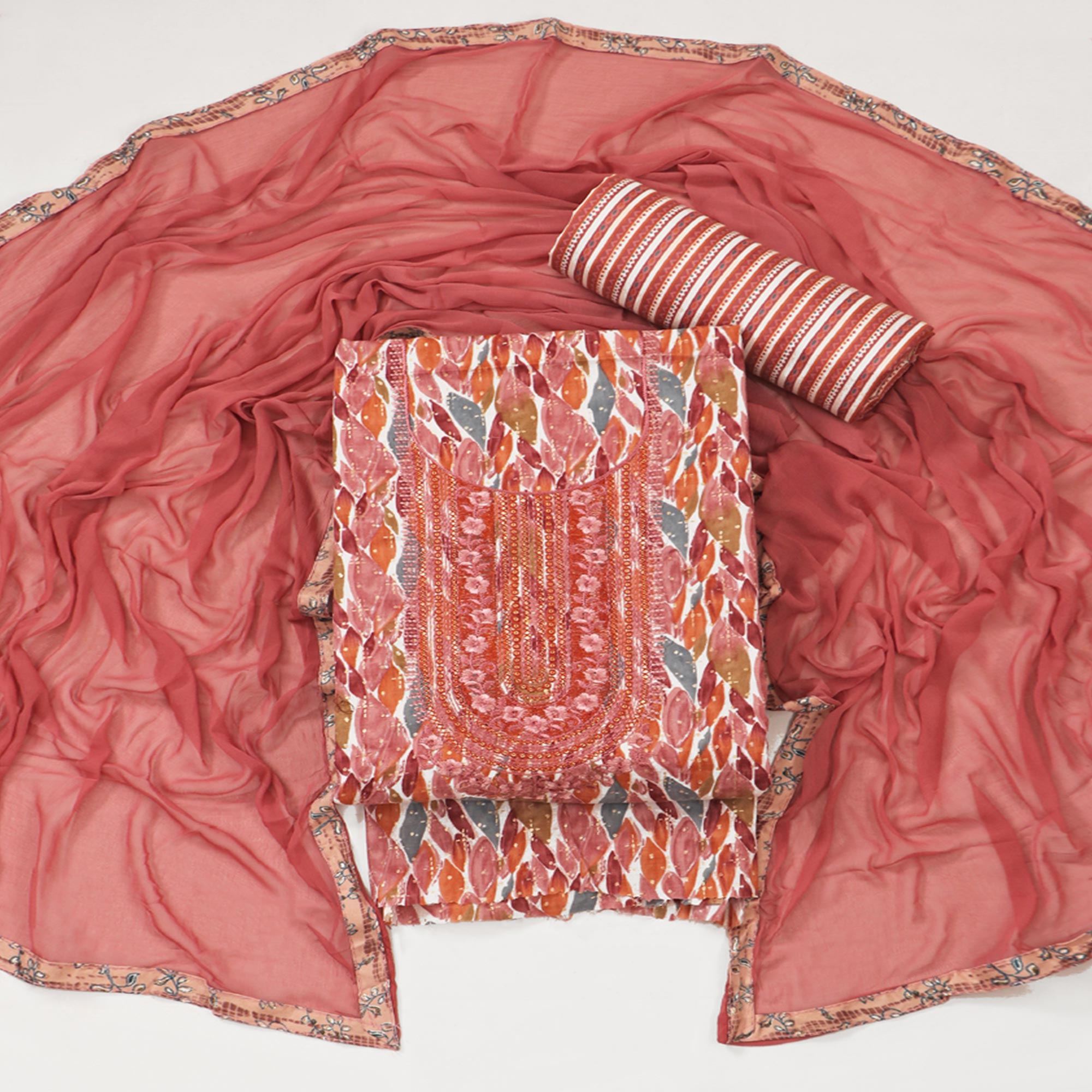 Peach Foil Printed With Embroidery Pure Cotton Dress Material