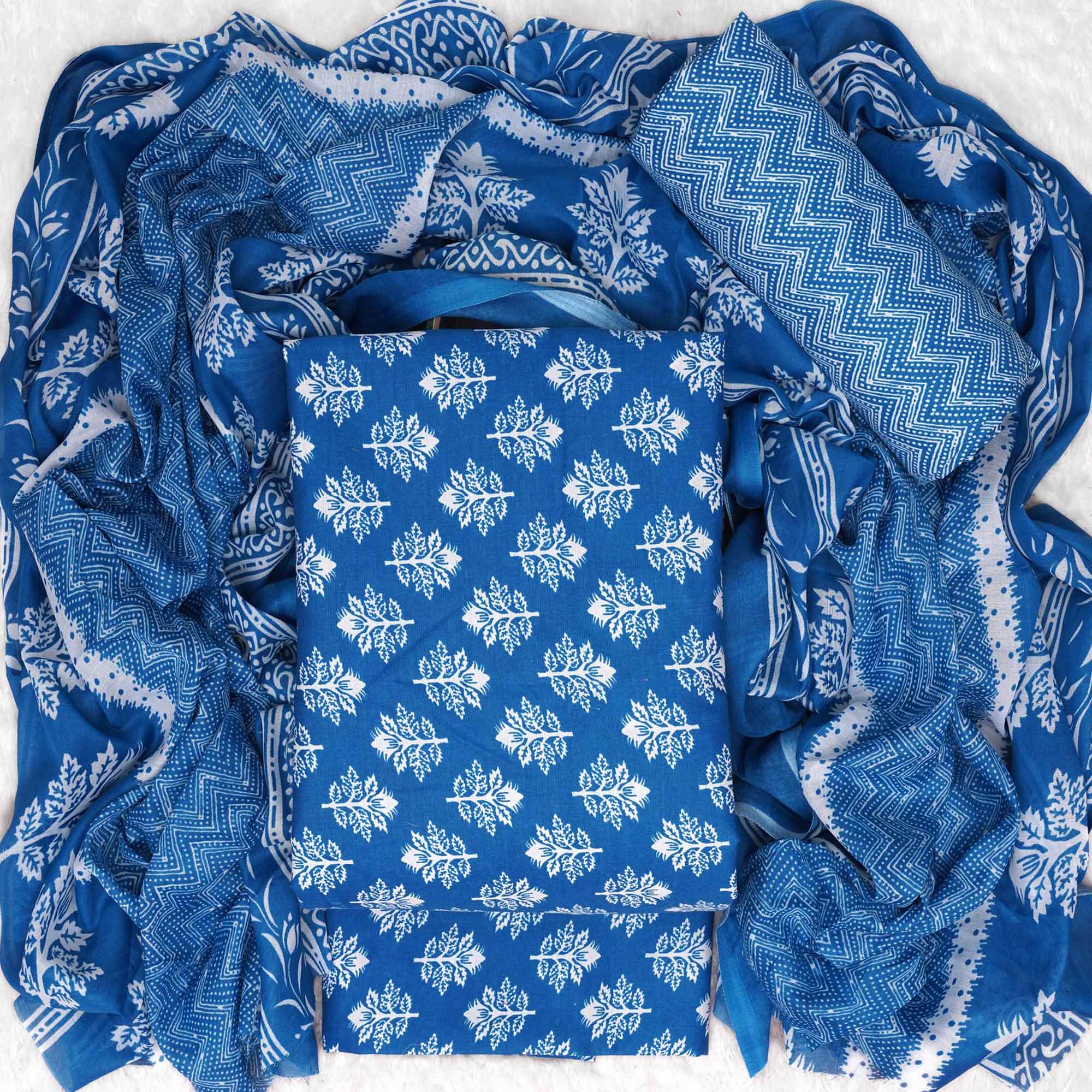 Blue Floral Printed Pure Cotton Dress Material