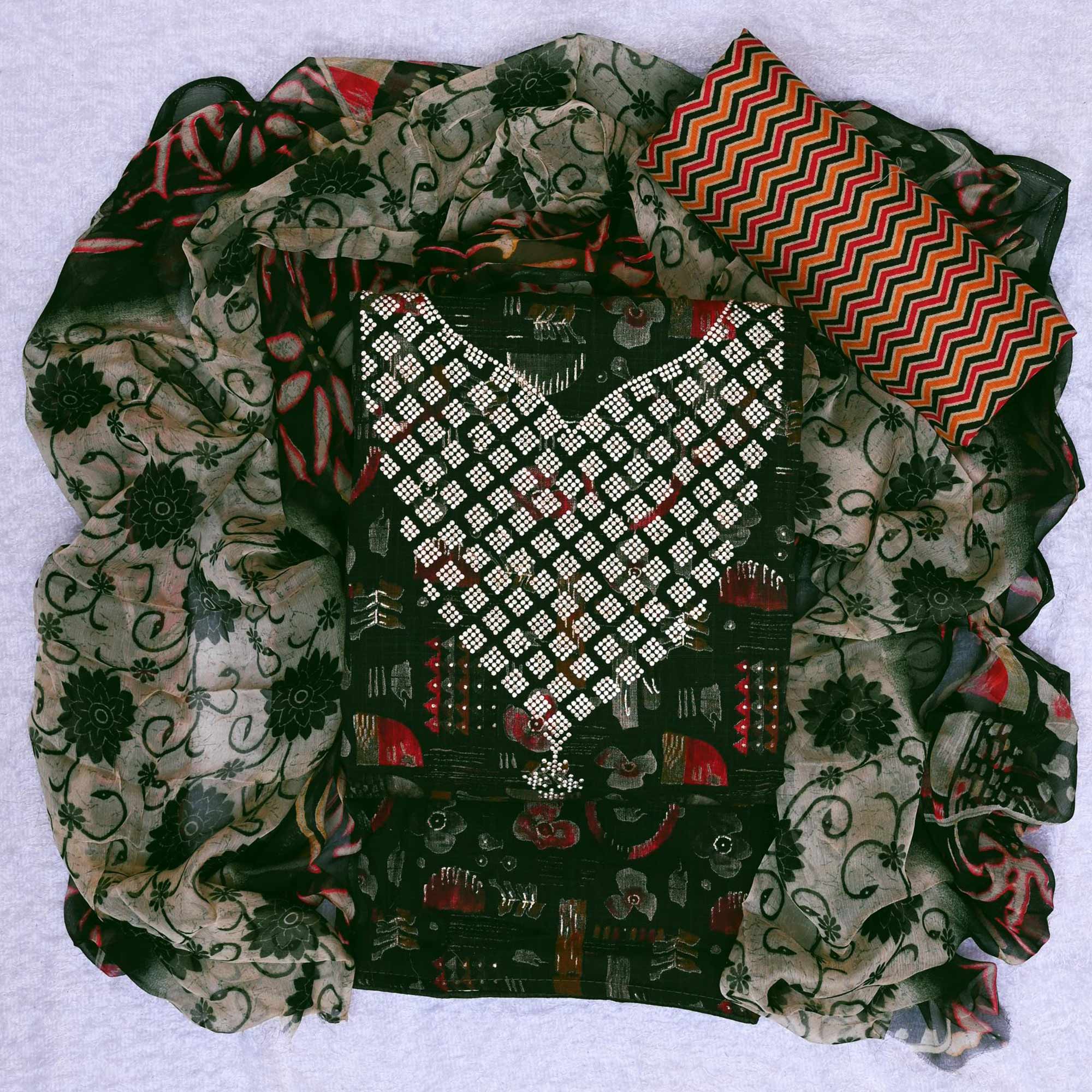 Green Floral Printed With Stone Work Yoke Pure Cotton Dress Material