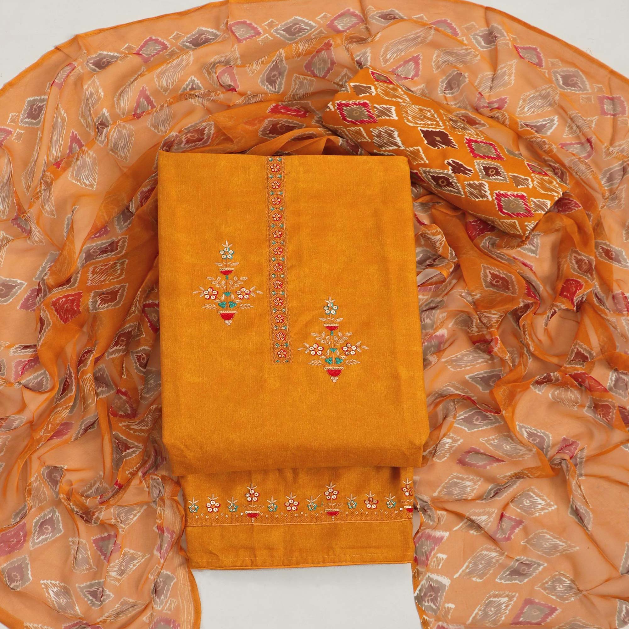 Mustard Floral Sequins Embroidered Pure Cotton Dress Material