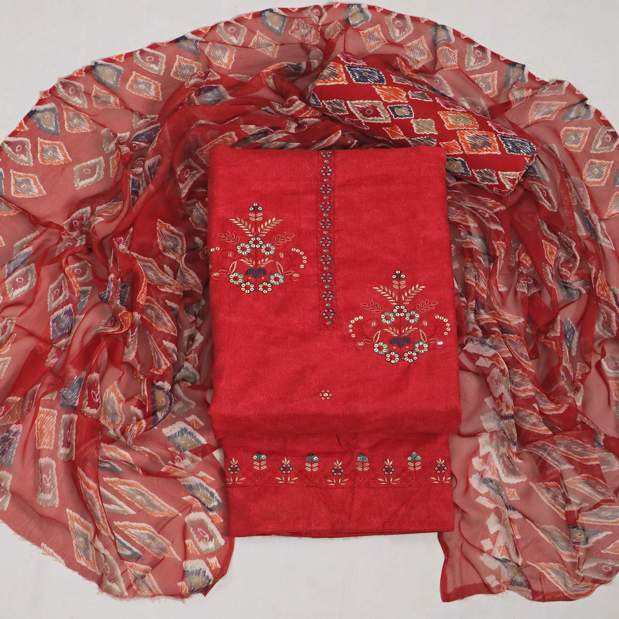 Red Floral Embroidered Pure Cotton Dress Material