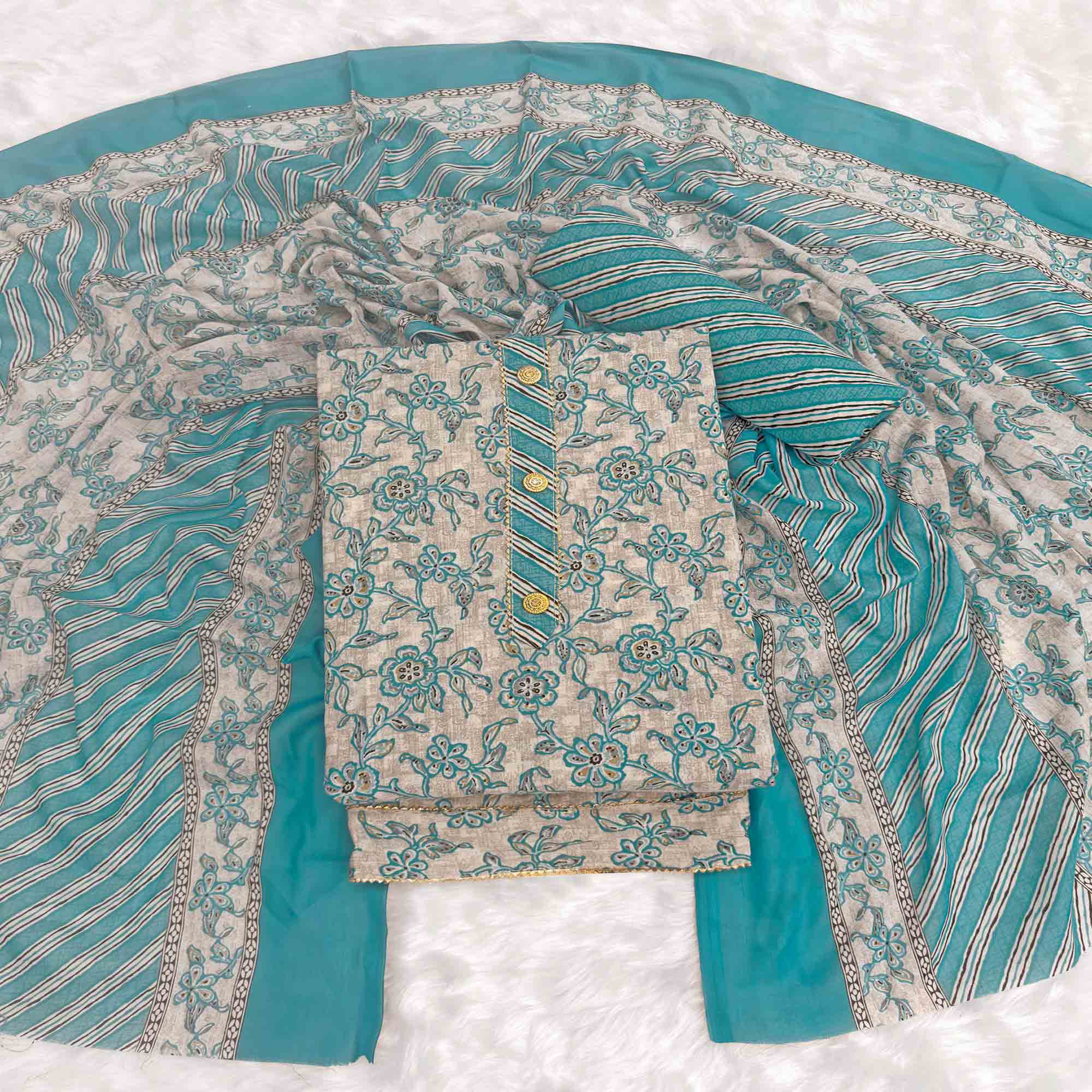 Charming Blue Floral Printed Cotton Blend Dress Material Featuring Intricate Lace Border