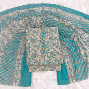 Charming Blue Floral Printed Cotton Blend Dress Material Featuring Intricate Lace Border