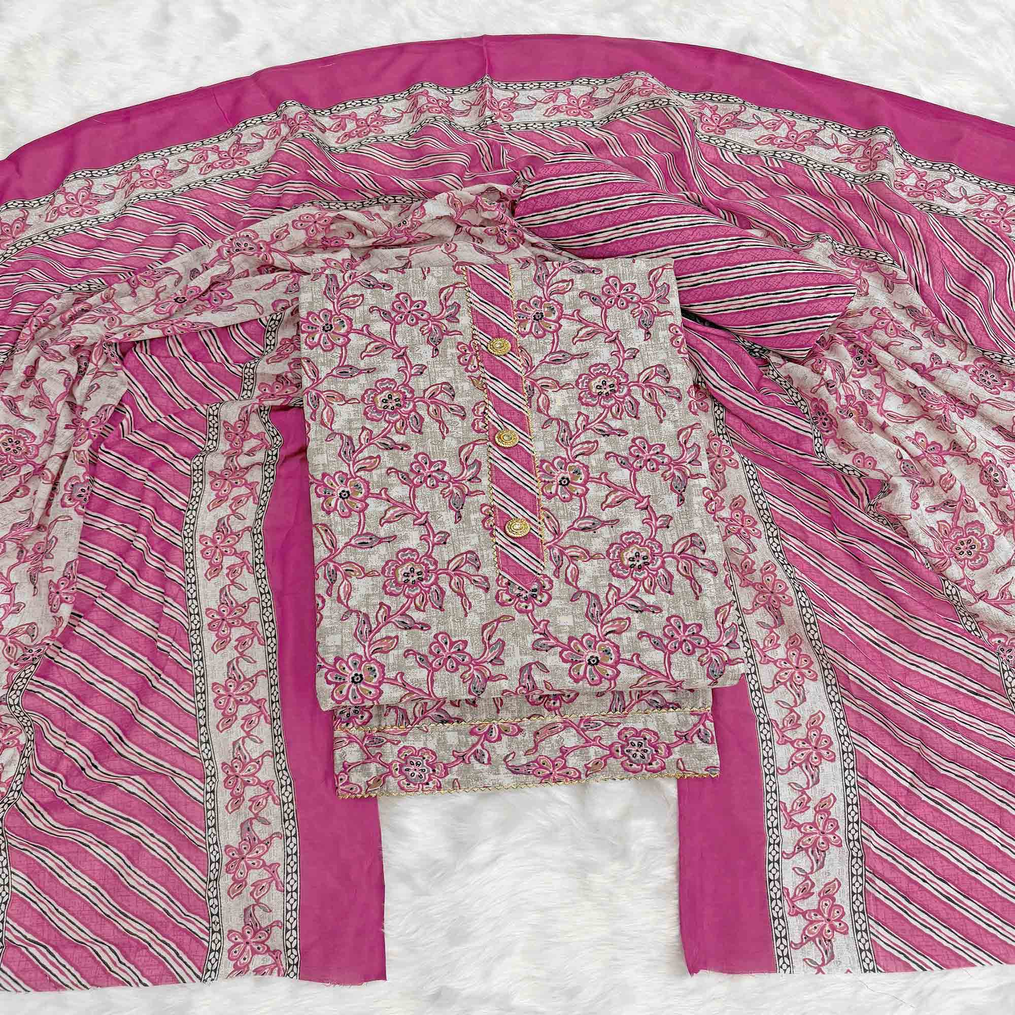 Charming Magenta Floral Printed Cotton Blend Dress Material Featuring Intricate Lace Border