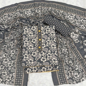 Graceful Grey Floral Printed Cotton Blend Dress Material With Lace Border