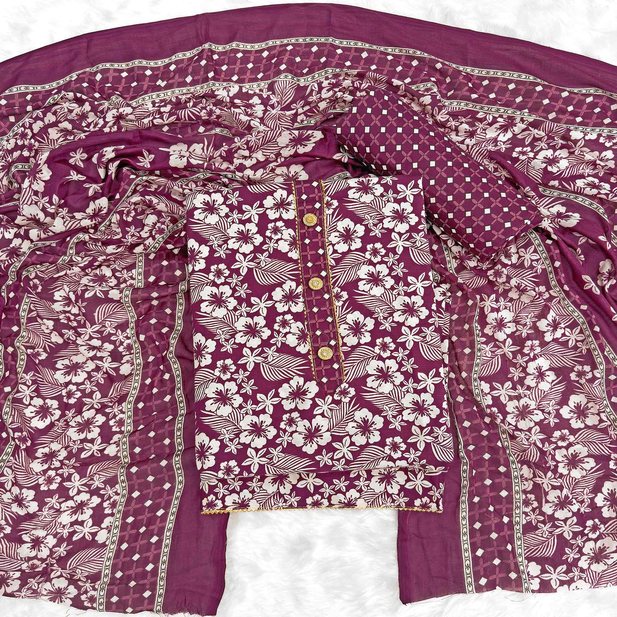 Graceful Wine Floral Printed Cotton Blend Dress Material With Lace Border