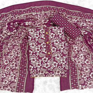 Graceful Wine Floral Printed Cotton Blend Dress Material With Lace Border