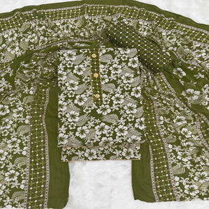 Graceful Green Floral Printed Cotton Blend Dress Material With Lace Border