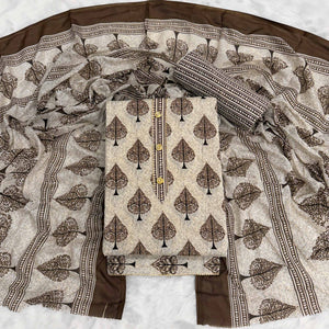 Vibrant Brown Leaf Printed Cotton Blend Dress Material Refined With Lace Border