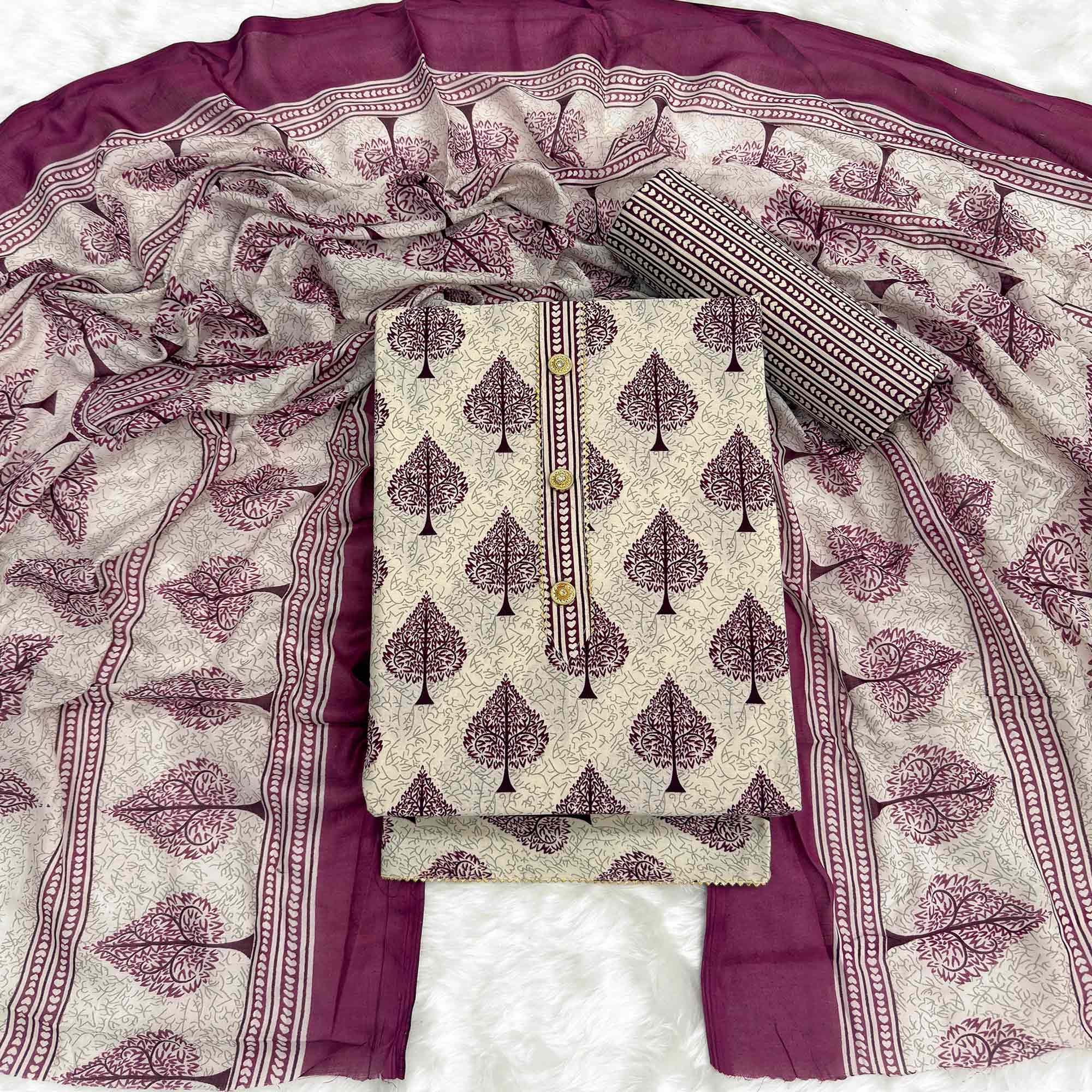 Vibrant Wine Leaf Printed Cotton Blend Dress Material Refined With Lace Border