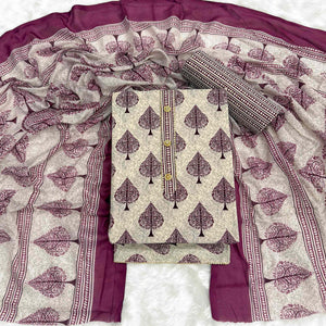 Vibrant Wine Leaf Printed Cotton Blend Dress Material Refined With Lace Border