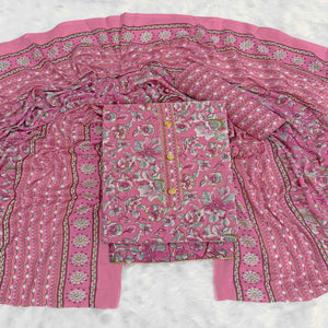 Elegant Pink Floral Printed Cotton Blend Dress Material Adorned With Intricate Lace Border