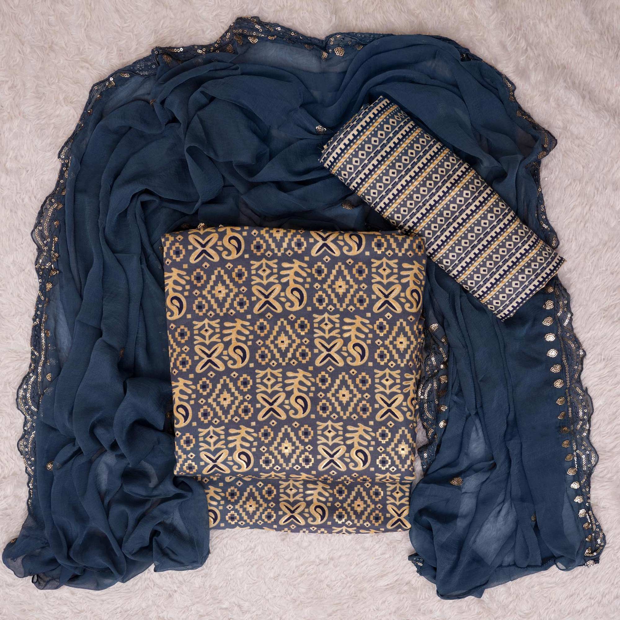 Blue Foil Printed Cotton Blend Dress Material
