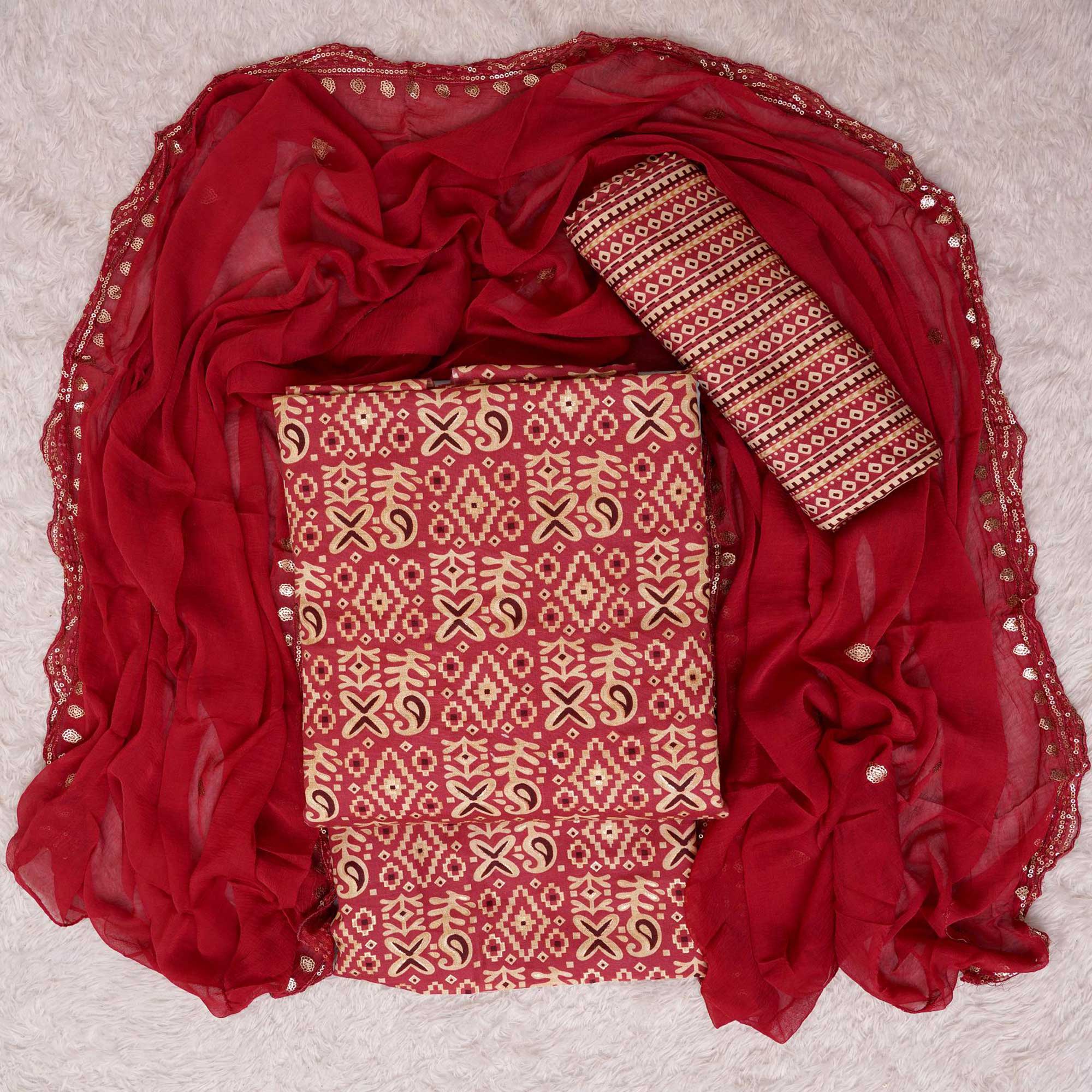 Maroon Foil Printed Cotton Blend Dress Material