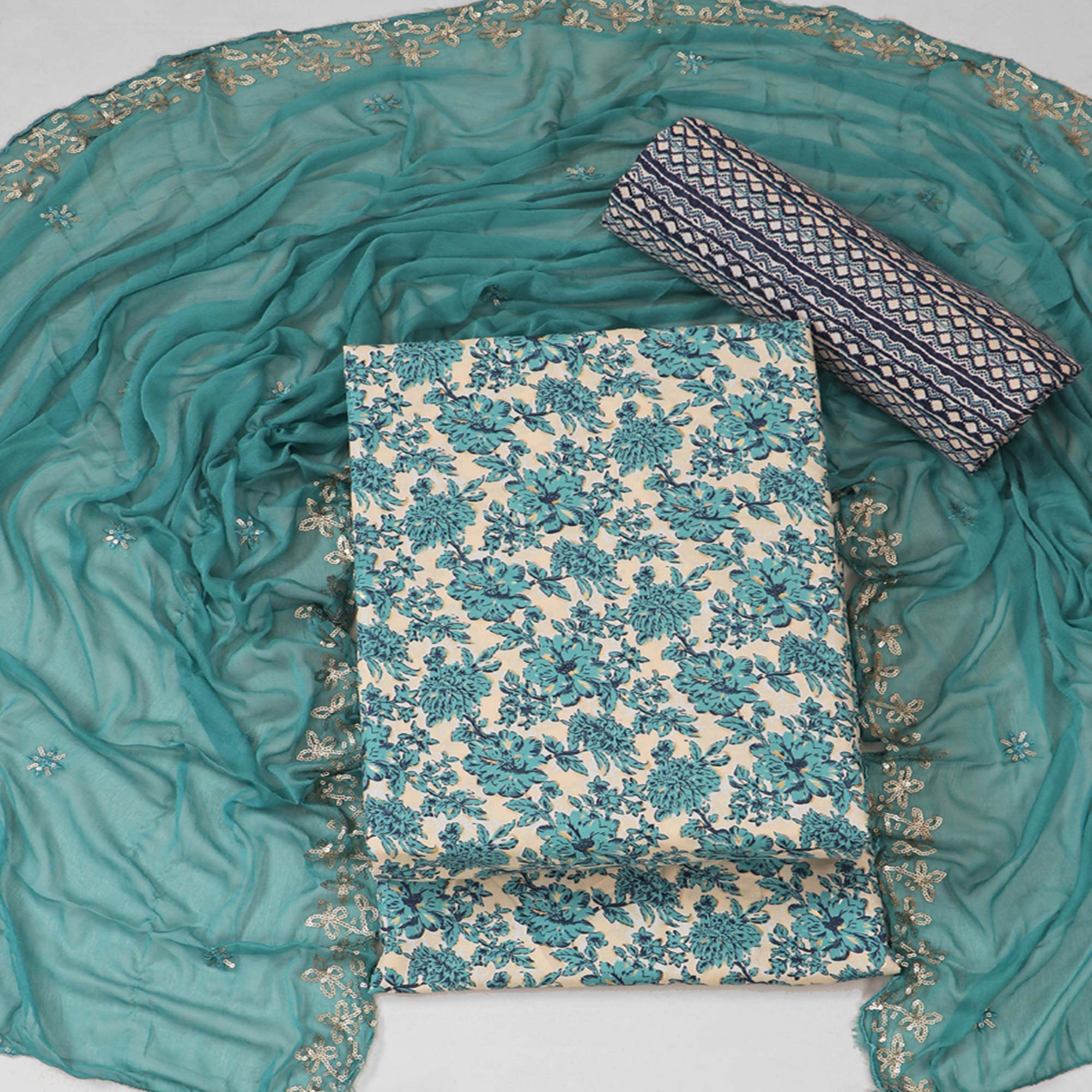 Blue Floral Foil Printed Cotton Blend Dress Material