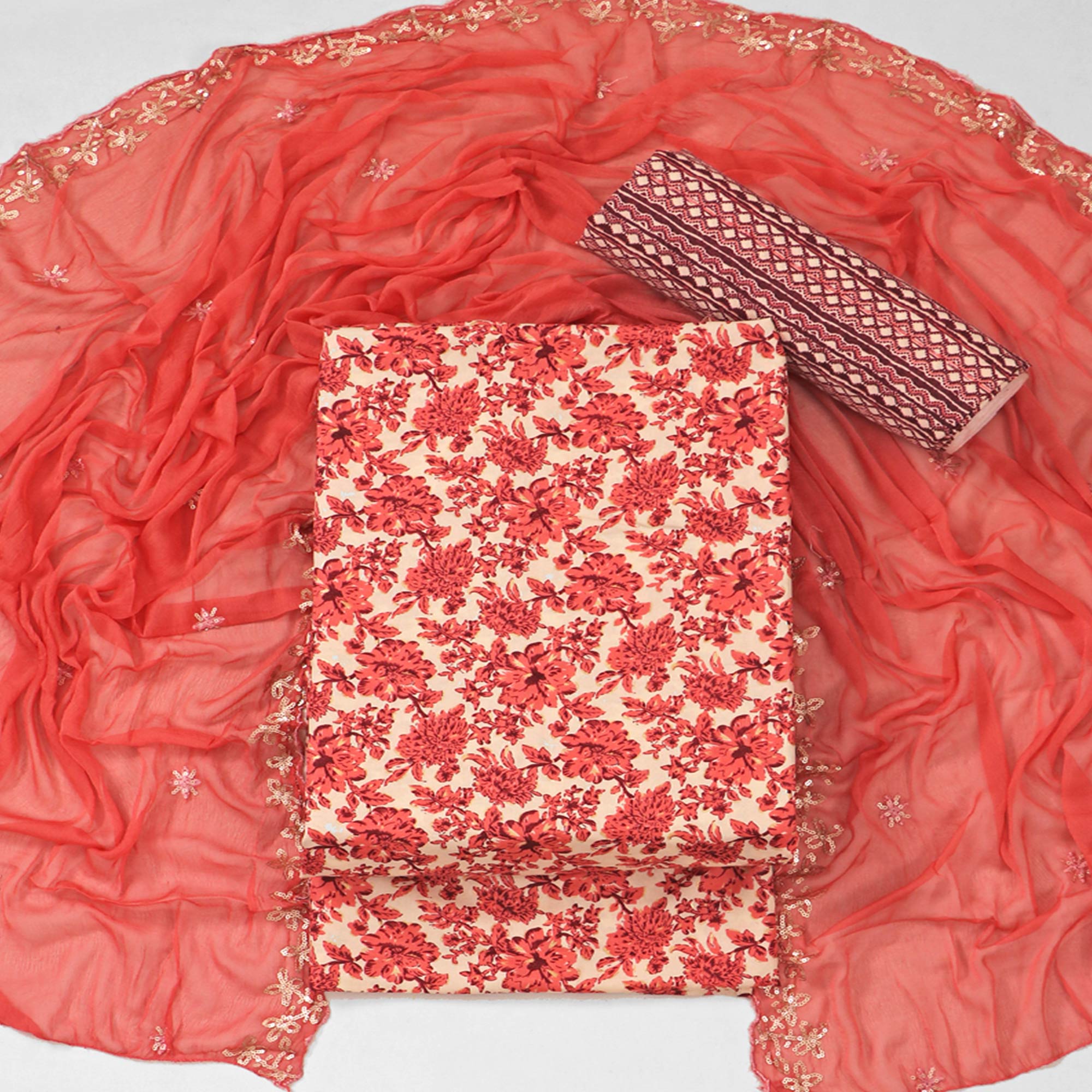 Peach Floral Foil Printed Cotton Blend Dress Material