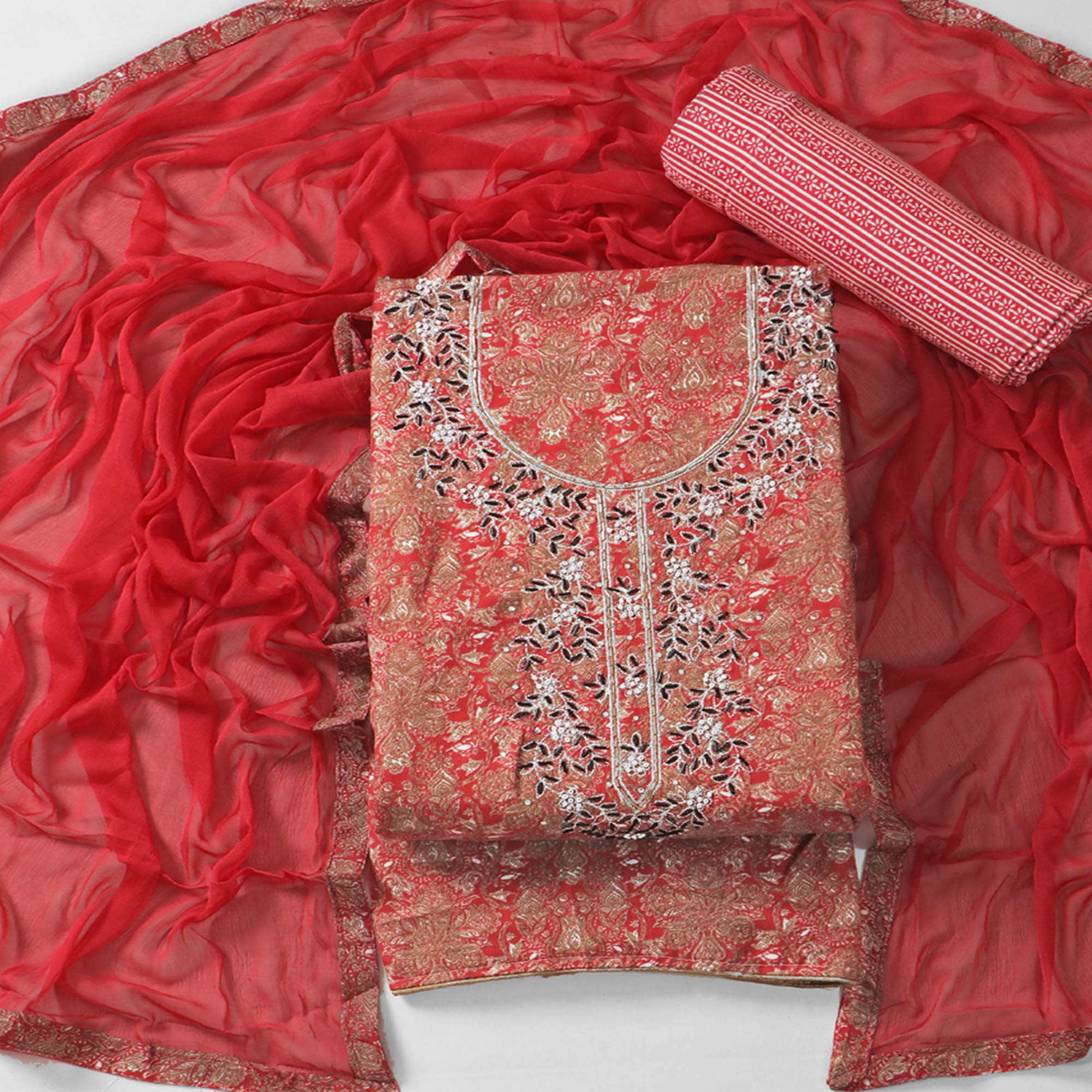 Gajari Pink Floral Printed With Hand Embroidery Pure Cotton Dress Material