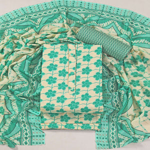 Turquoise Floral Printed With Gota Patti Work Pure Cotton Dress Material