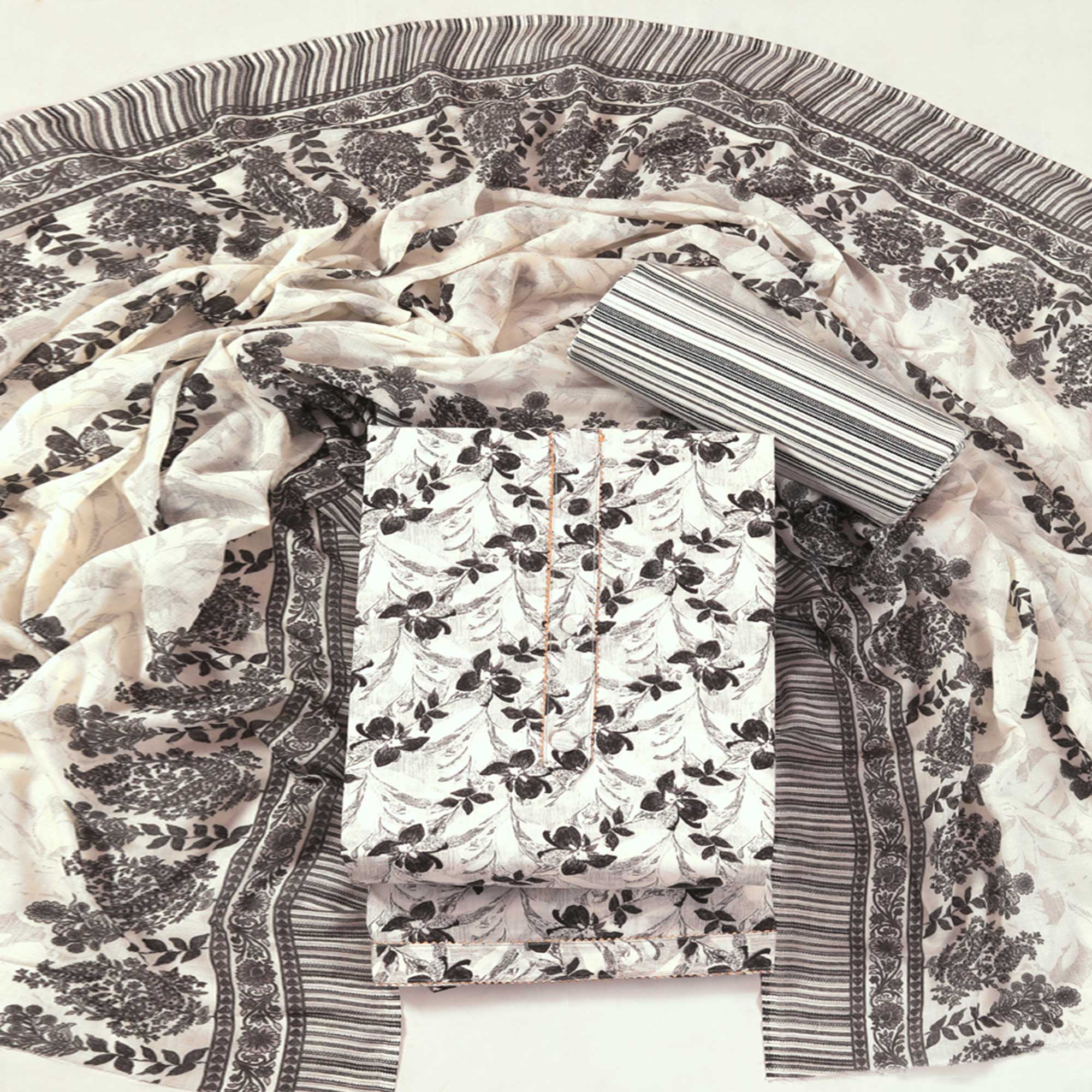 Offwhite Floral Printed With Gota Patti Work Pure Cotton Dress Material