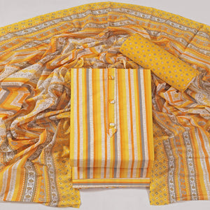Yellow Striped Printed With Gota Patti Work Pure Cotton Dress Material