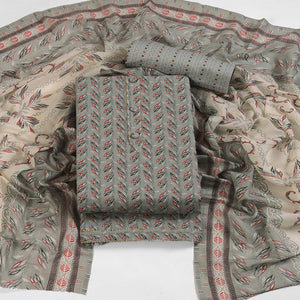 Fresh Grey Dress Material in Pure Cotton with Subtle Leaf Print Accents