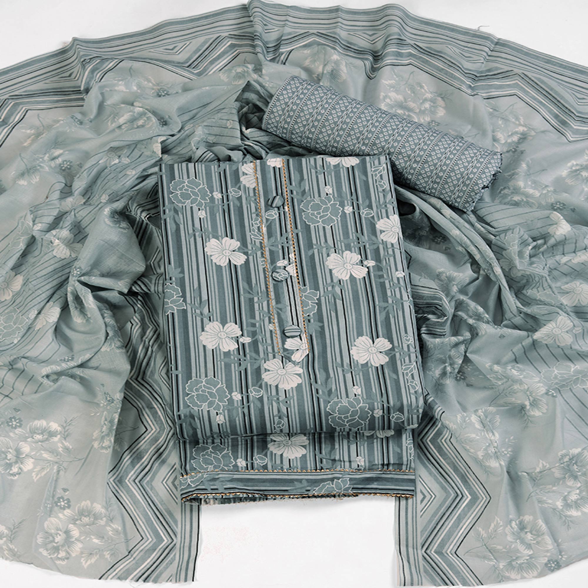 Elegant Grey Pure Cotton Ensemble Showcasing Subtle Floral Print Work Dress Material