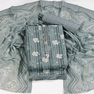 Elegant Grey Pure Cotton Ensemble Showcasing Subtle Floral Print Work Dress Material