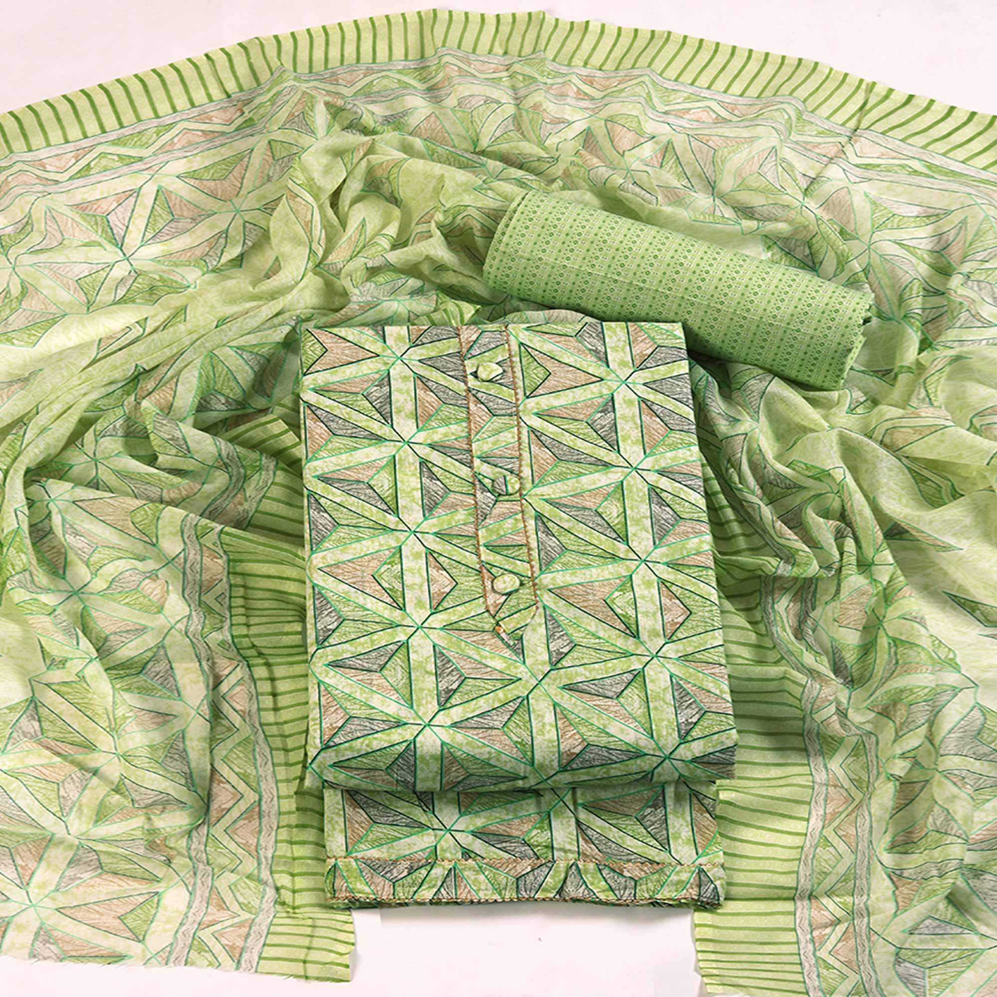 Green Pure Cotton Dress Material with Contemporary Geometric Prints