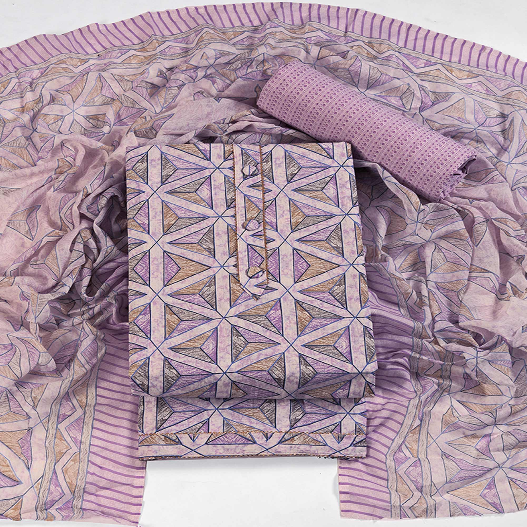 Lavender Pure Cotton Dress Material with Contemporary Geometric Prints
