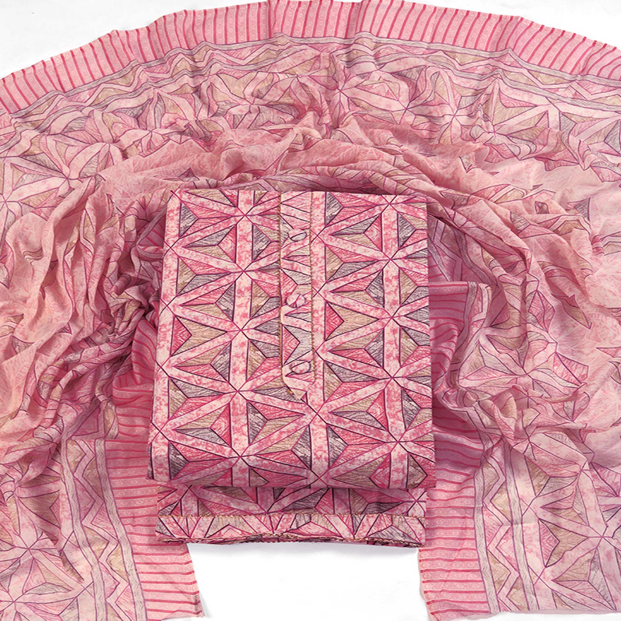 Pink Pure Cotton Dress Material with Contemporary Geometric Prints