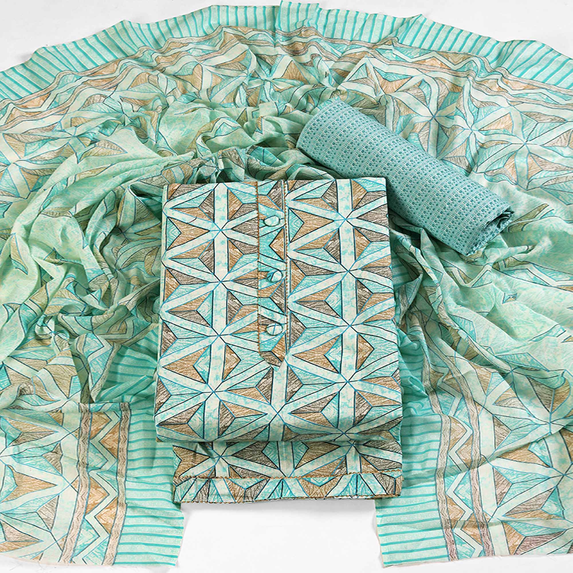 Sea Green Pure Cotton Dress Material with Contemporary Geometric Prints