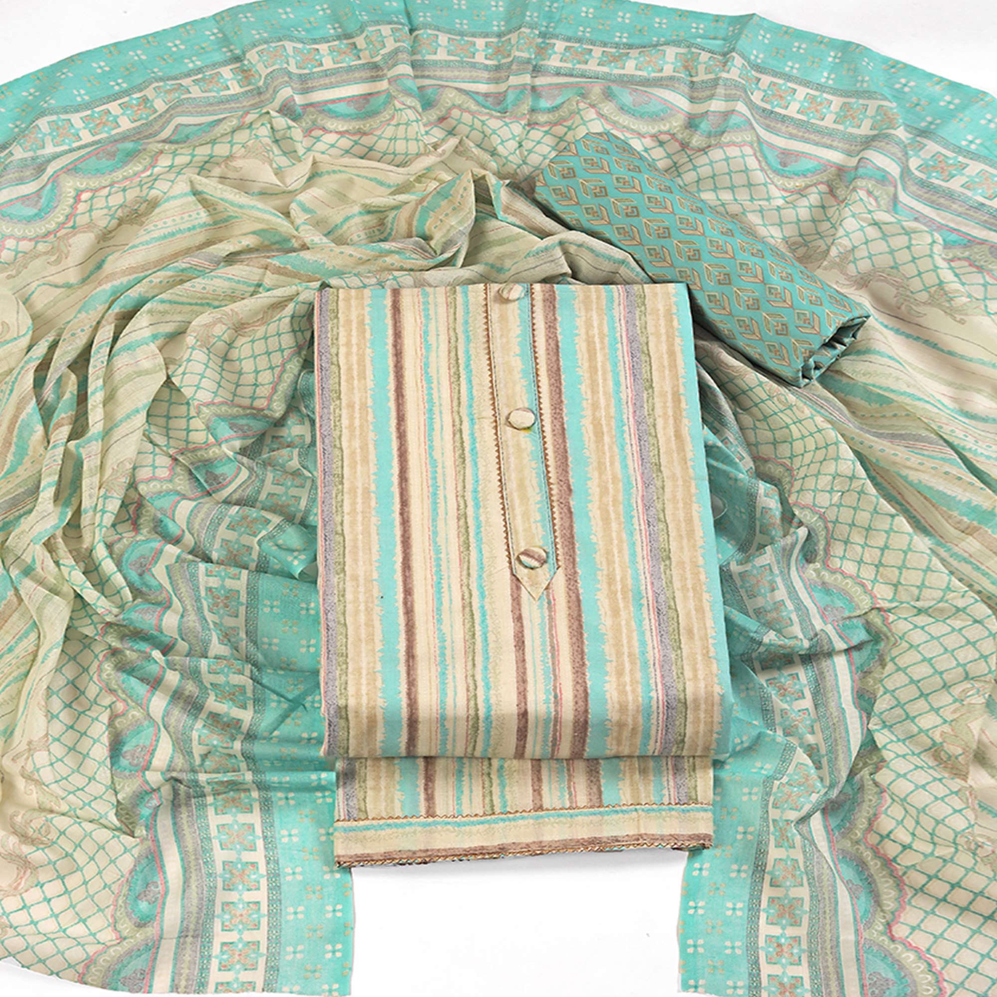 Classic Striped Design in Soft Sea Green Pure Cotton Unstitched Dress Material
