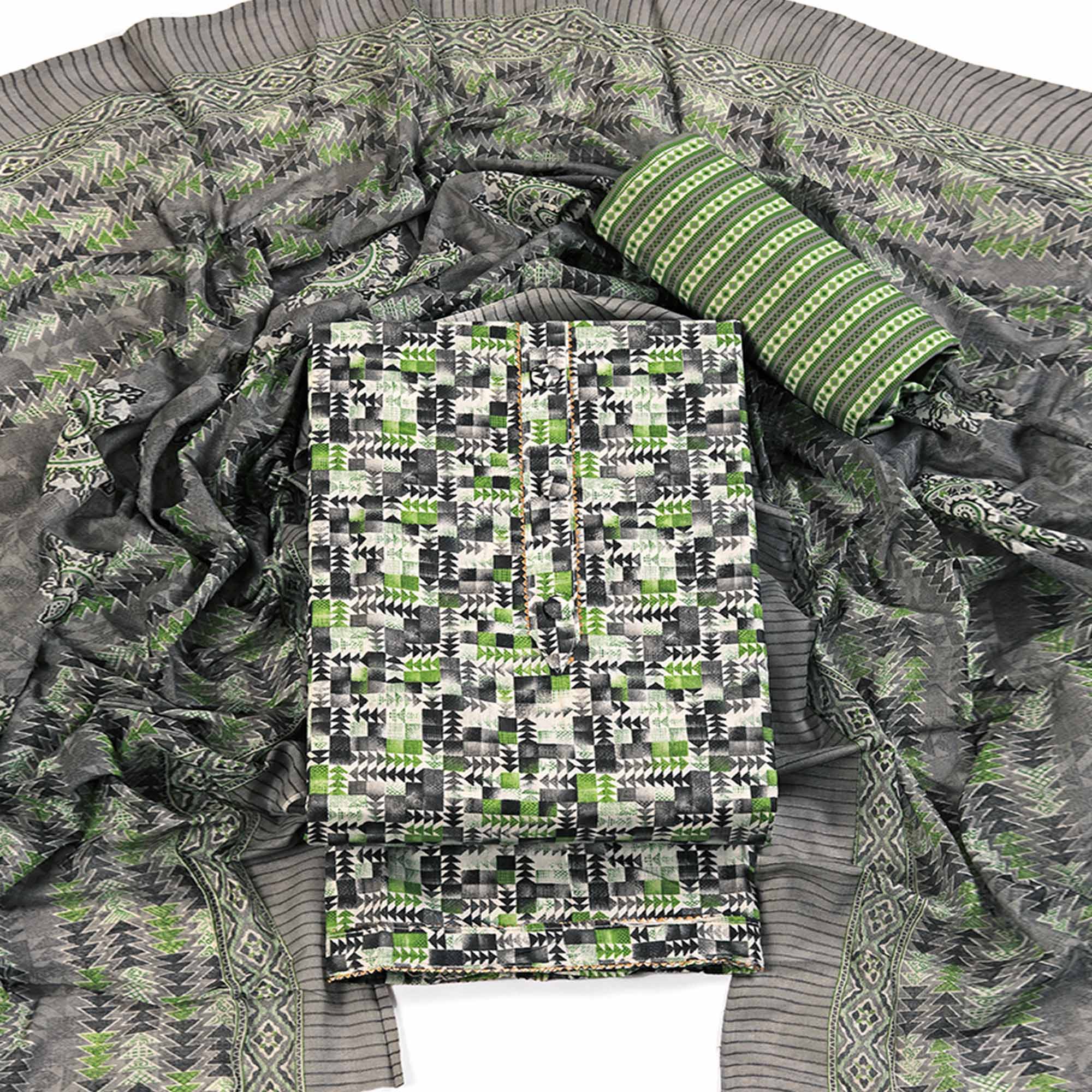 Cotton Dress Material Featuring a Grey and Green Palette with Artistic Geometric Patterns