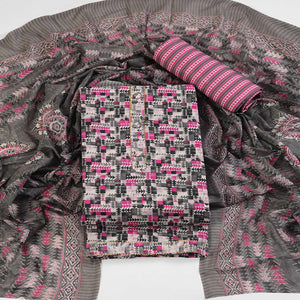 Cotton Dress Material Featuring a Grey and Pink Palette with Artistic Geometric Patterns