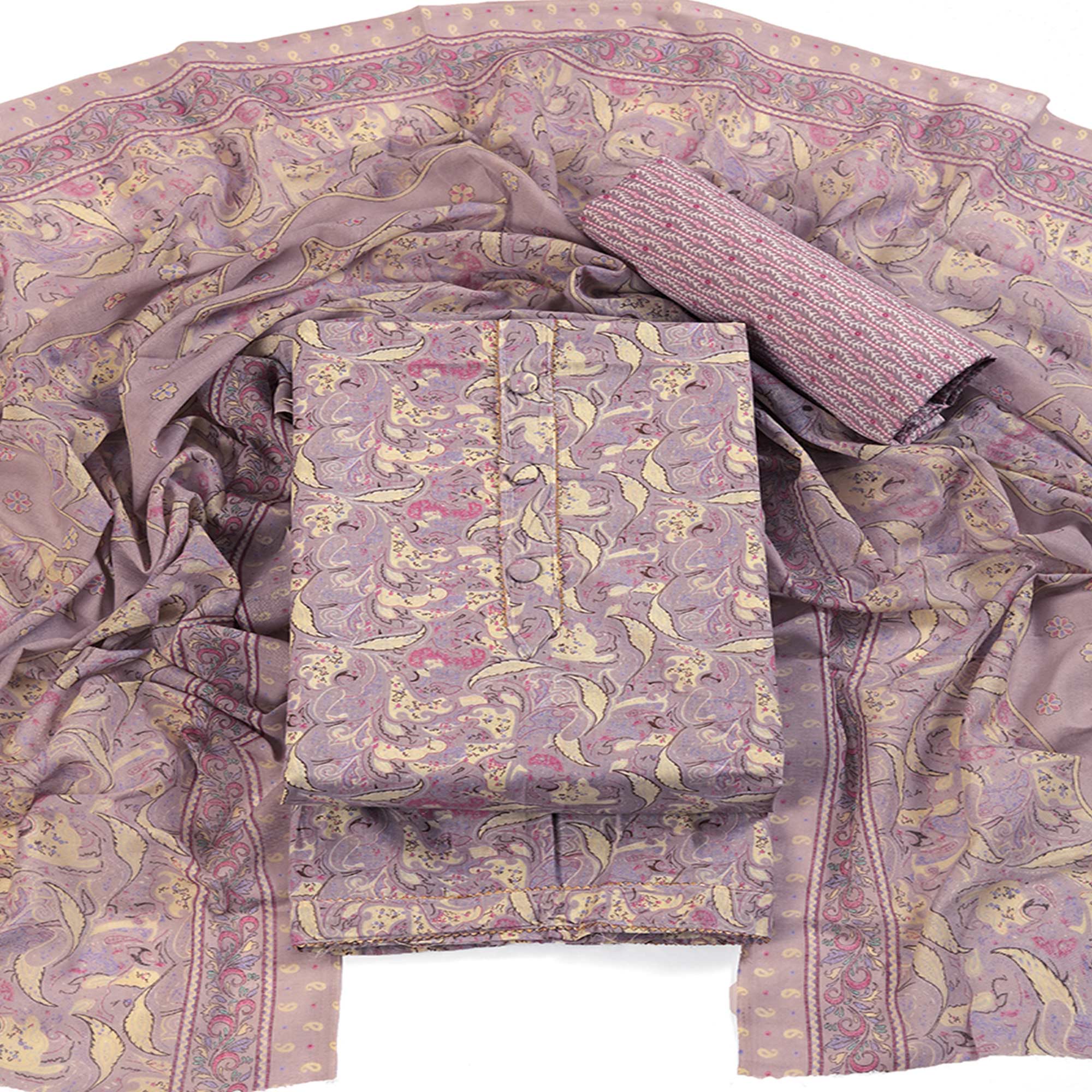 Floral Elegance in Light Purple Pure Cotton Unstitched Dress Material