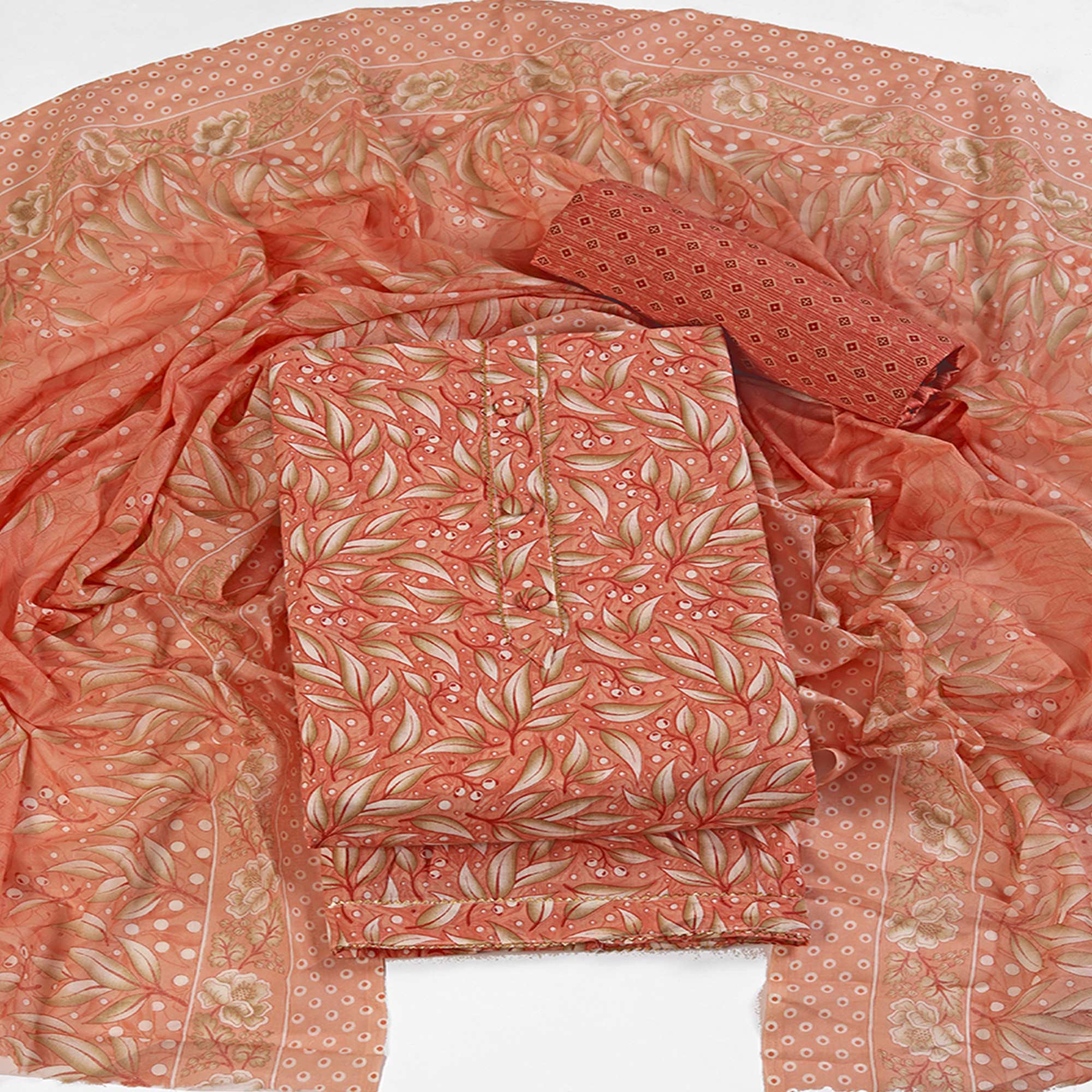 Pure Cotton Dress Material in Soothing Peach with Artistic Floral Prints