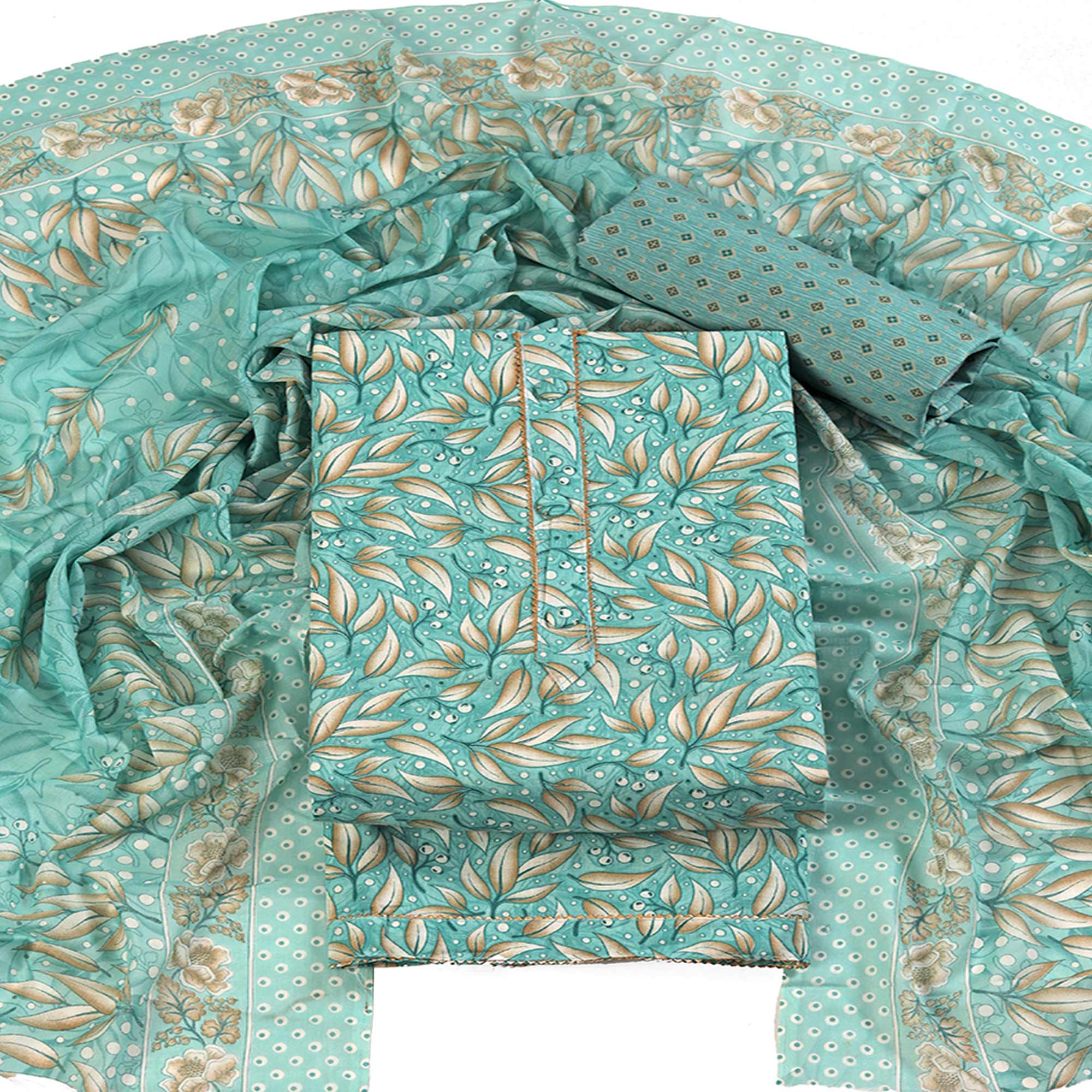 Pure Cotton Dress Material in Soothing Sea Green with Artistic Floral Prints