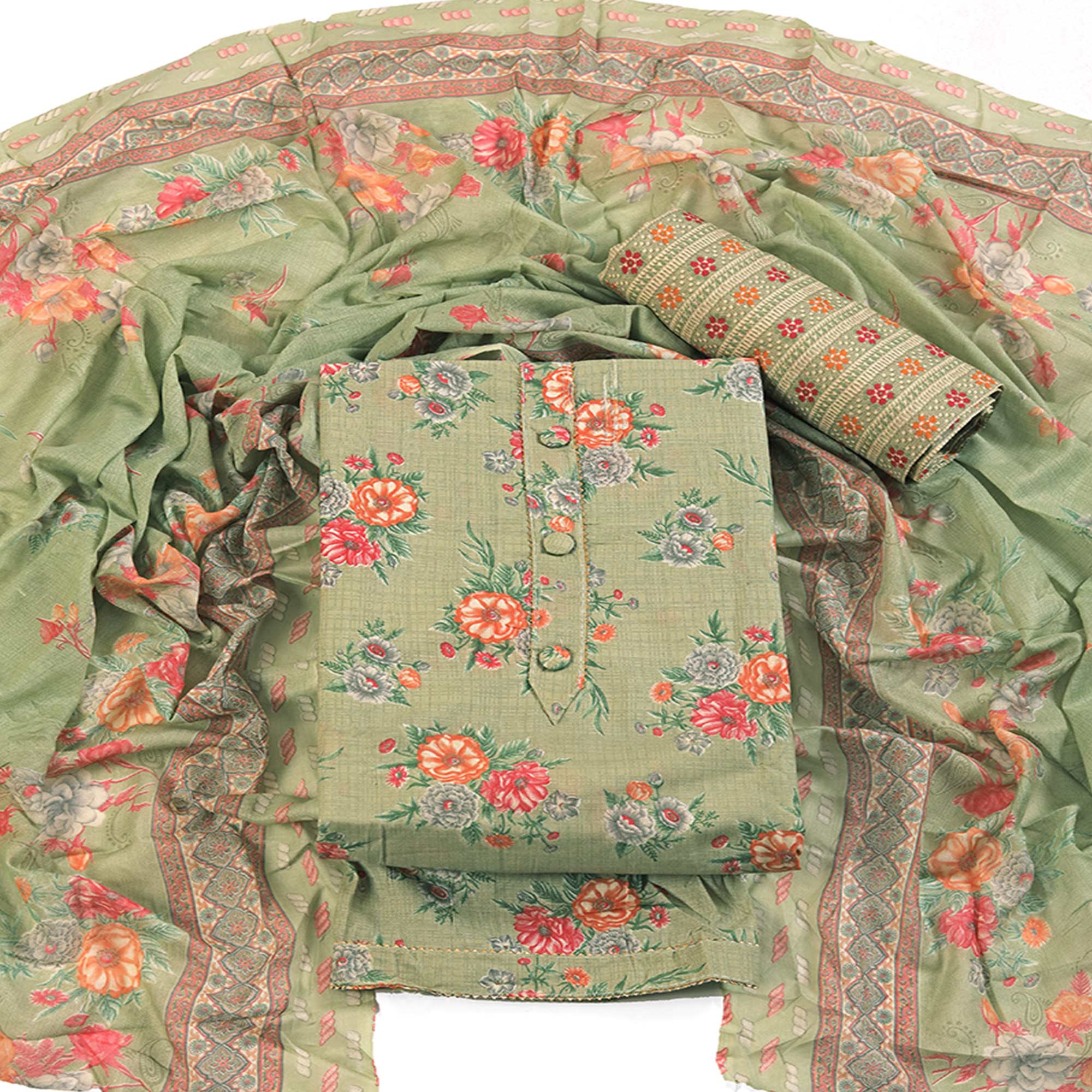Charming Green Dress Material in Pure Cotton with Subtle Floral Pattern Work