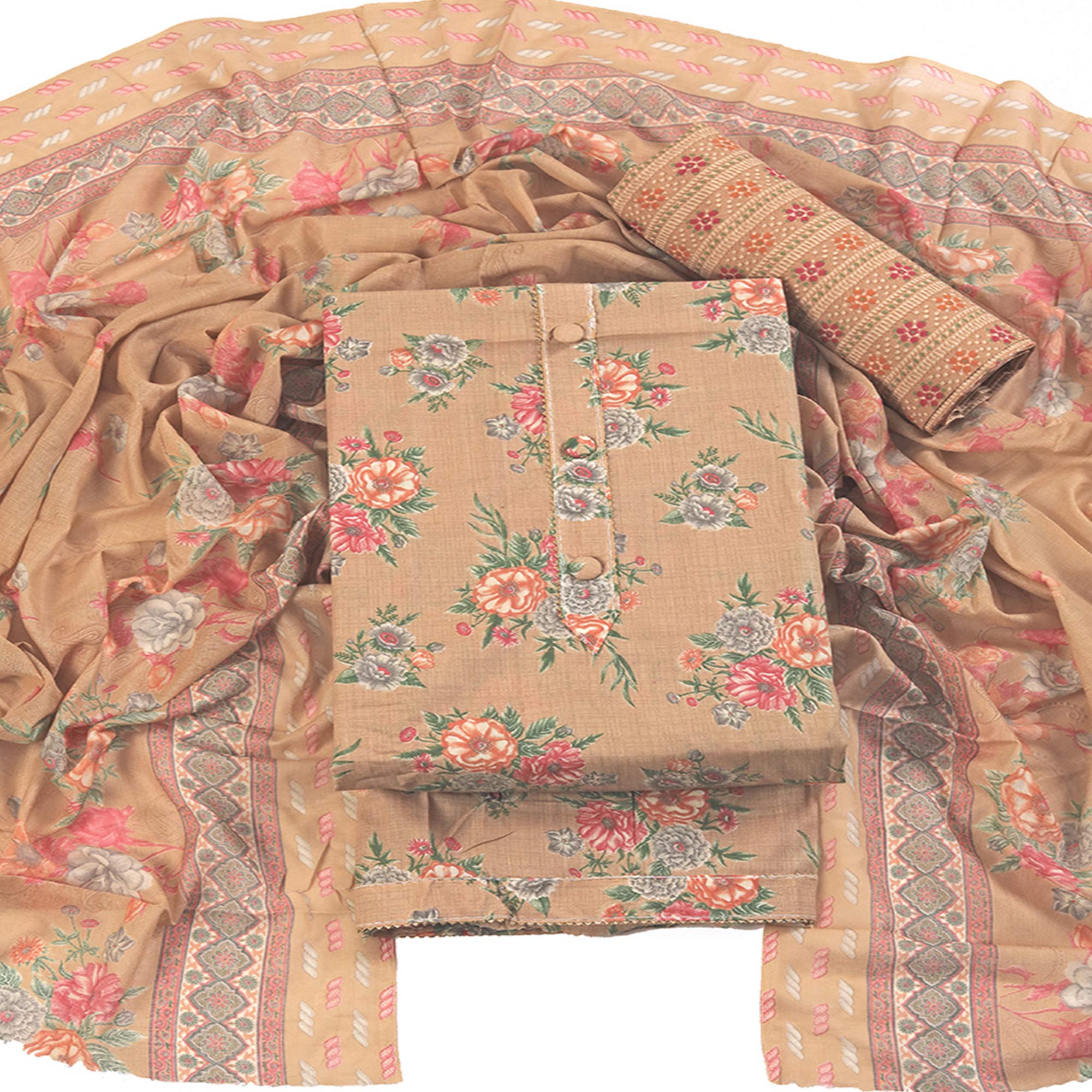 Charming Peach Dress Material in Pure Cotton with Subtle Floral Pattern Work