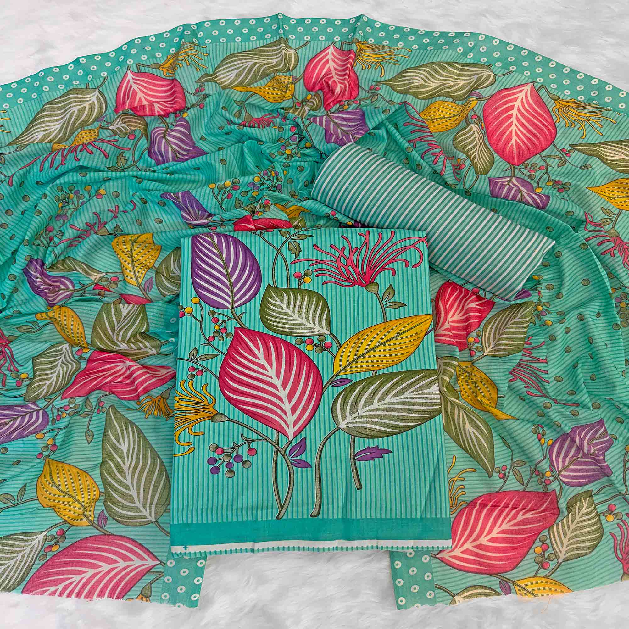 Turquoise Floral & Striped Printed Pure Cotton Dress Material With Elegant Detailing