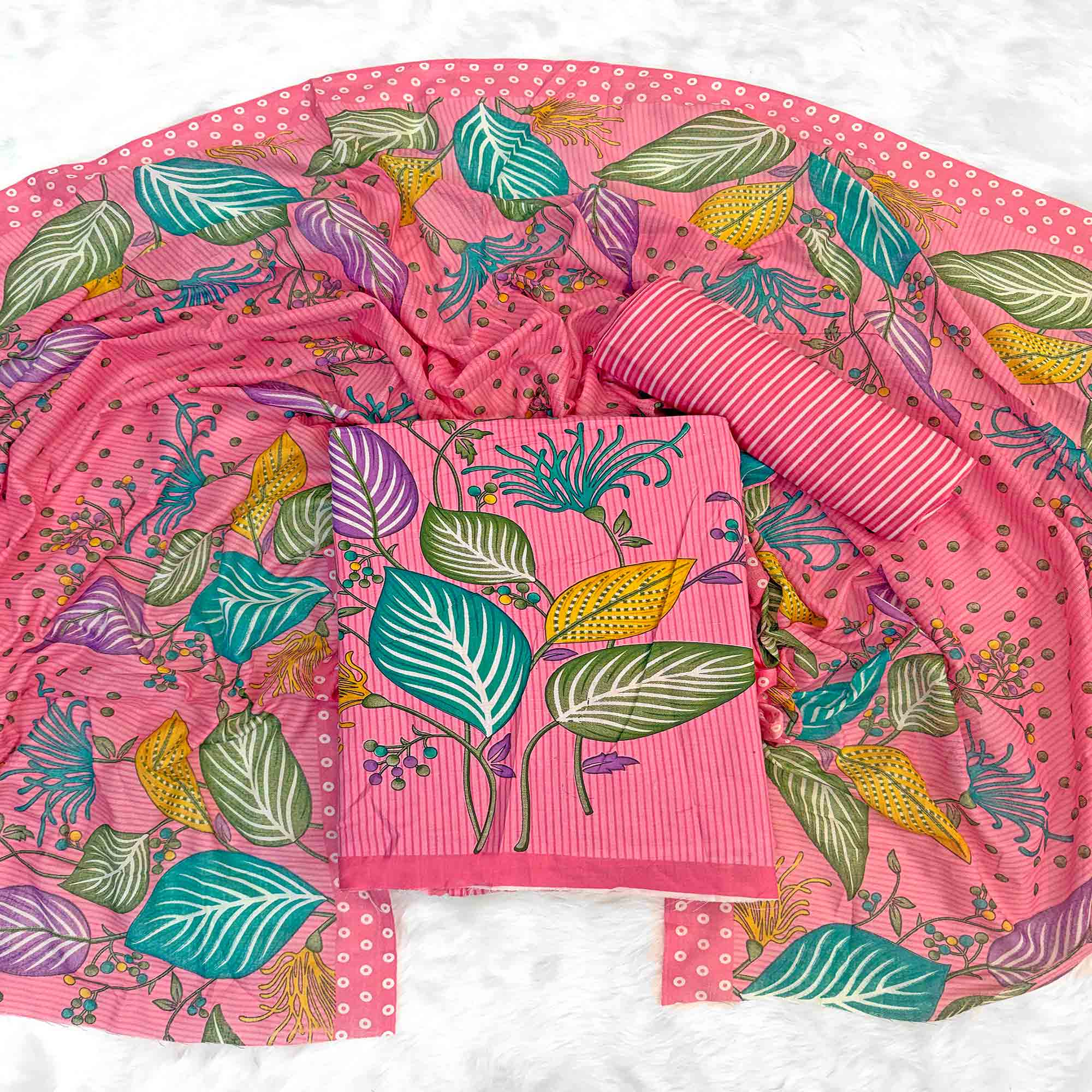 Pink Floral & Striped Printed Pure Cotton Dress Material With Elegant Detailing