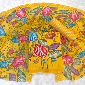 Yellow Floral & Striped Printed Pure Cotton Dress Material With Elegant Detailing