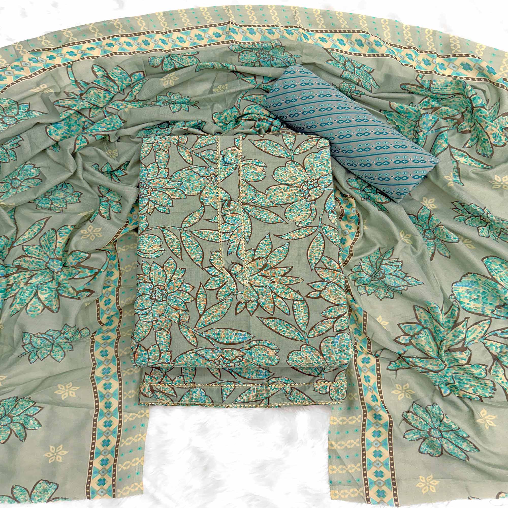 Dusty Sea Green Floral Printed Pure Cotton Dress Material With Elegant Everyday Appeal