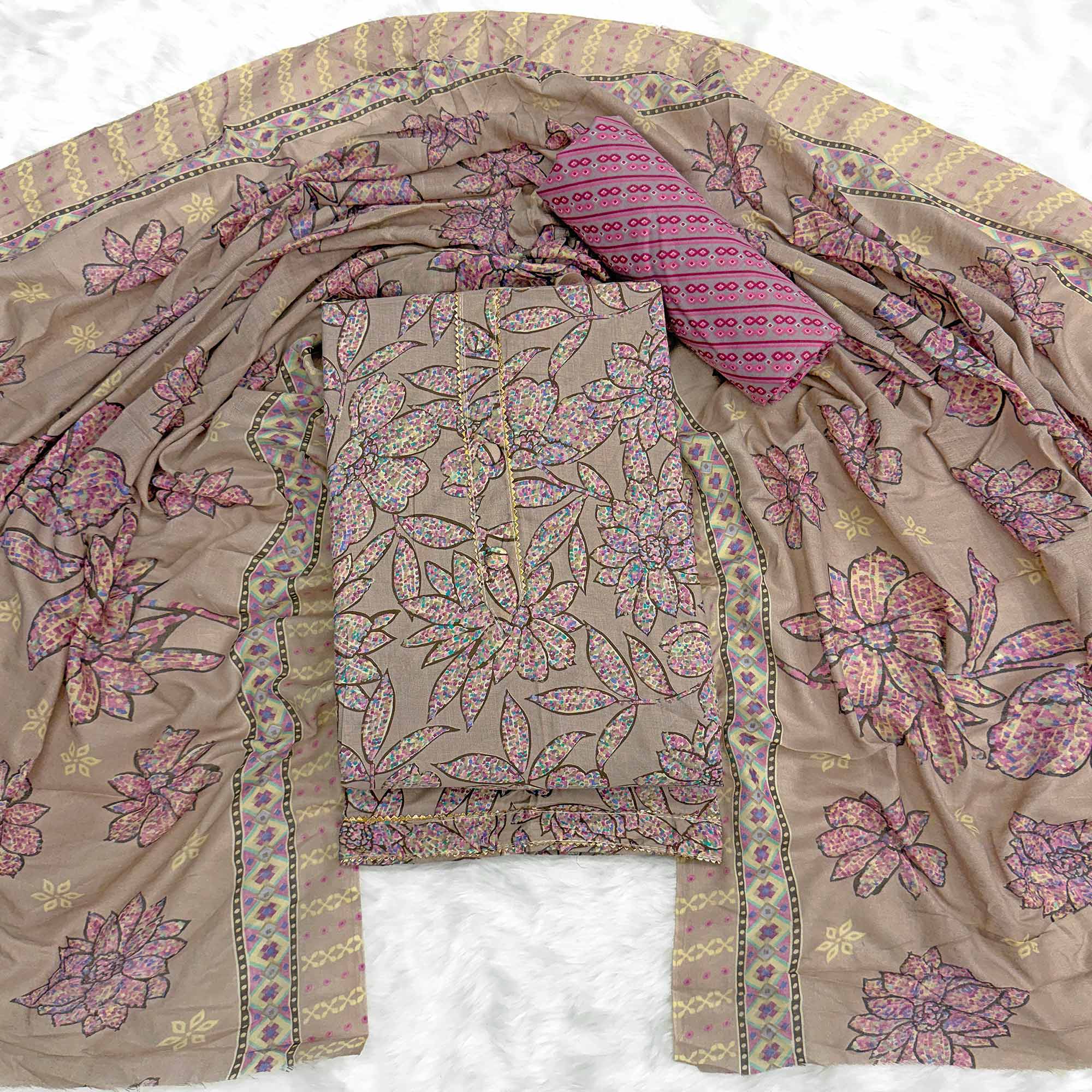 Brown & Pink Floral Printed Pure Cotton Dress Material With Elegant Everyday Appeal