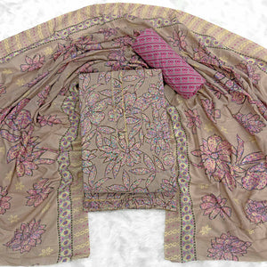 Brown & Pink Floral Printed Pure Cotton Dress Material With Elegant Everyday Appeal