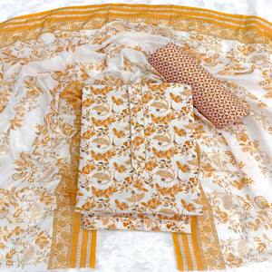 Elegant Mustard Floral Printed Pure Cotton Dress Material With Tie Neck & Fancy Button