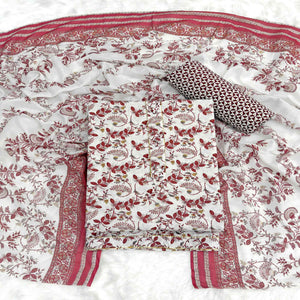 Elegant Maroon Floral Printed Pure Cotton Dress Material With Tie Neck & Fancy Button