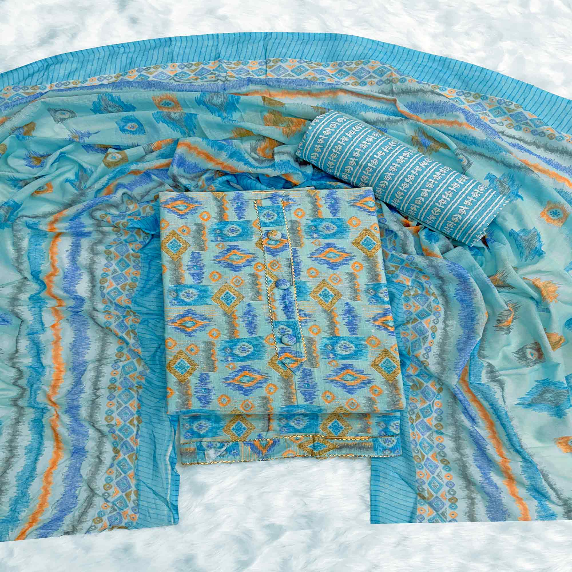 Blue Contemporary Ikat & Geometric Style Print Pure Cotton Dress Material With Decorative Button