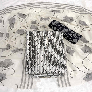 Trendy Black Geometric Print Pure Cotton Dress Material Featuring Stylish Tie Neck & Fancy Button