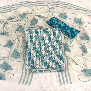 Trendy Teal Geometric Print Pure Cotton Dress Material Featuring Stylish Tie Neck & Fancy Button